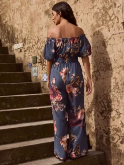 Donkerblauw/roze - Jumpsuit met blote schouder