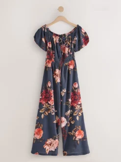 Donkerblauw/roze - Jumpsuit met blote schouder