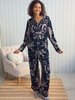 Donkerblauw/roze - Laura Ashley Josette pyjama met knopen