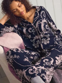 Donkerblauw/roze - Laura Ashley Josette pyjama met knopen
