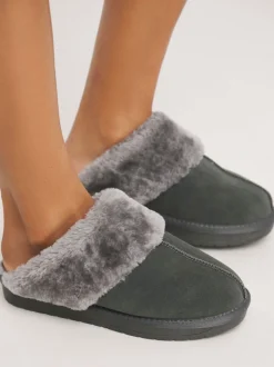 Donkergrijs - Simply Be Faux Fur Lined Suede Mule Slippers
