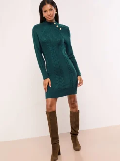 Donkergroen - Lipsy Buttoned Roll Neck Cable Knit Cosy Mini Dress