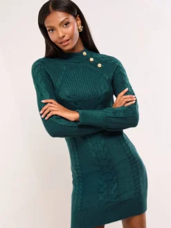 Donkergroen - Lipsy Buttoned Roll Neck Cable Knit Cosy Mini Dress