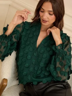 Donkergroen - Love & Roses 3D blouse met lange mouwen en stippen