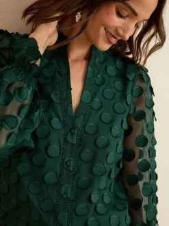 Donkergroen - Love & Roses 3D blouse met lange mouwen en stippen