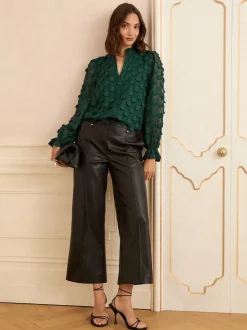 Donkergroen - Love & Roses 3D blouse met lange mouwen en stippen