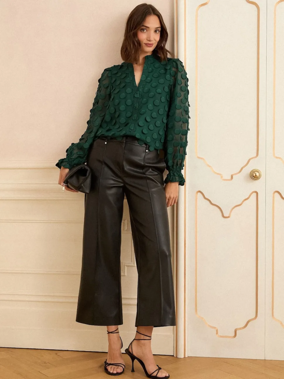 Donkergroen - Love & Roses 3D blouse met lange mouwen en stippen