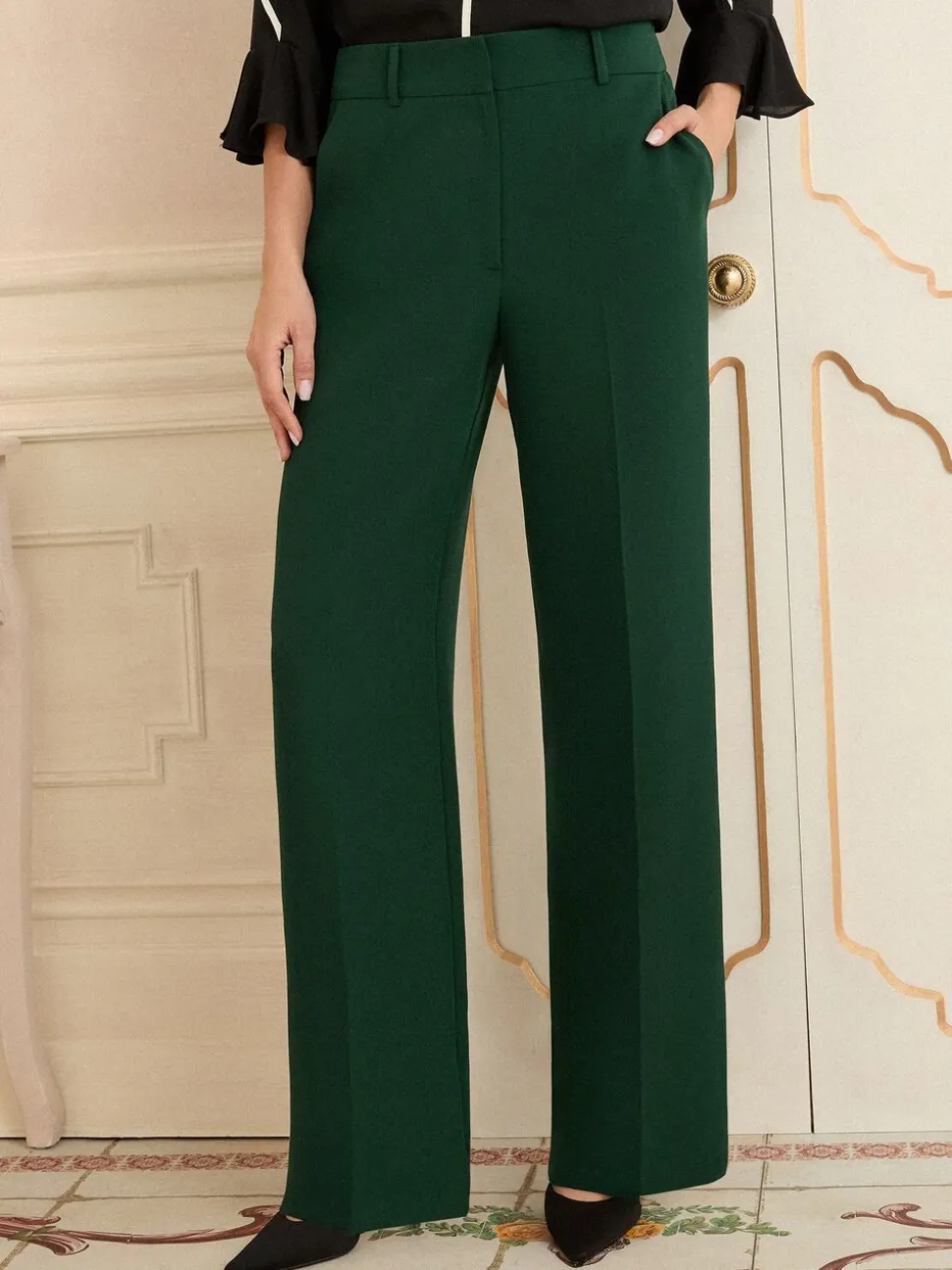 Donkergroen - Love & Roses broek met wijde pijpen