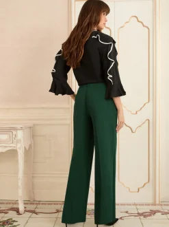 Donkergroen - Love & Roses broek met wijde pijpen