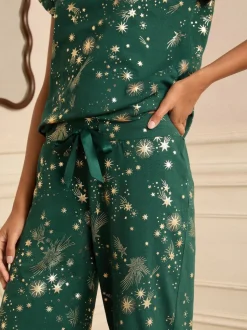 Donkergroen - Love & Roses Christmas Short Sleeve Gold Foil Pyjama Set