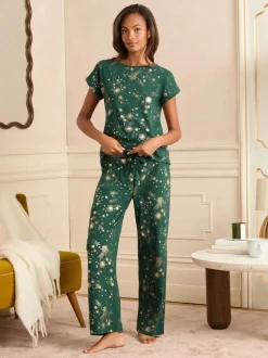 Donkergroen - Love & Roses Christmas Short Sleeve Gold Foil Pyjama Set
