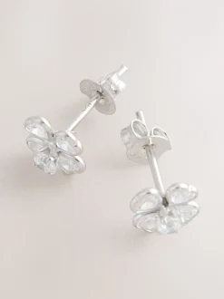 Echt zilver - Glinsterende oorknopjes met bloem