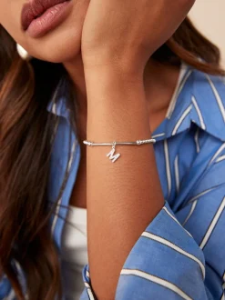 Echt zilver - Initial Cubic Zirconia Beaded Stretch Bracelet