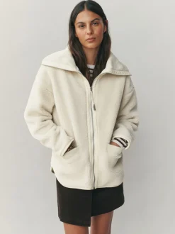 Ecru - Borg Zip Through Fleece With Rib Collar