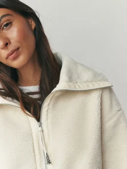 Ecru - Borg Zip Through Fleece With Rib Collar