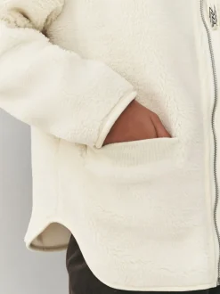 Ecru - Borg Zip Through Fleece With Rib Collar