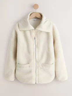 Ecru - Borg Zip Through Fleece With Rib Collar