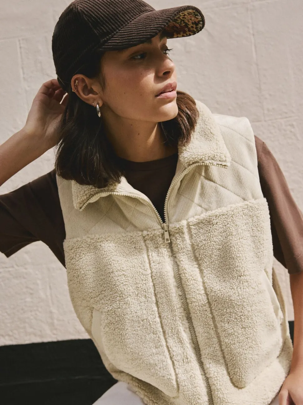 Ecru - Cord Borg Mix Zip Through Gilet