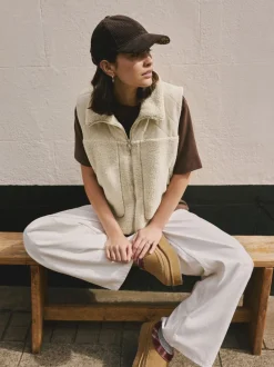 Ecru - Cord Borg Mix Zip Through Gilet