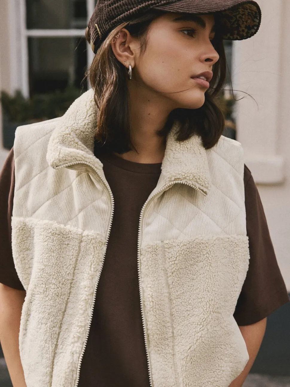 Ecru - Cord Borg Mix Zip Through Gilet
