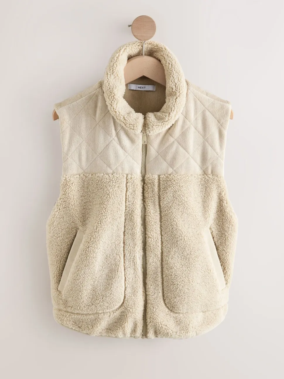 Ecru - Cord Borg Mix Zip Through Gilet