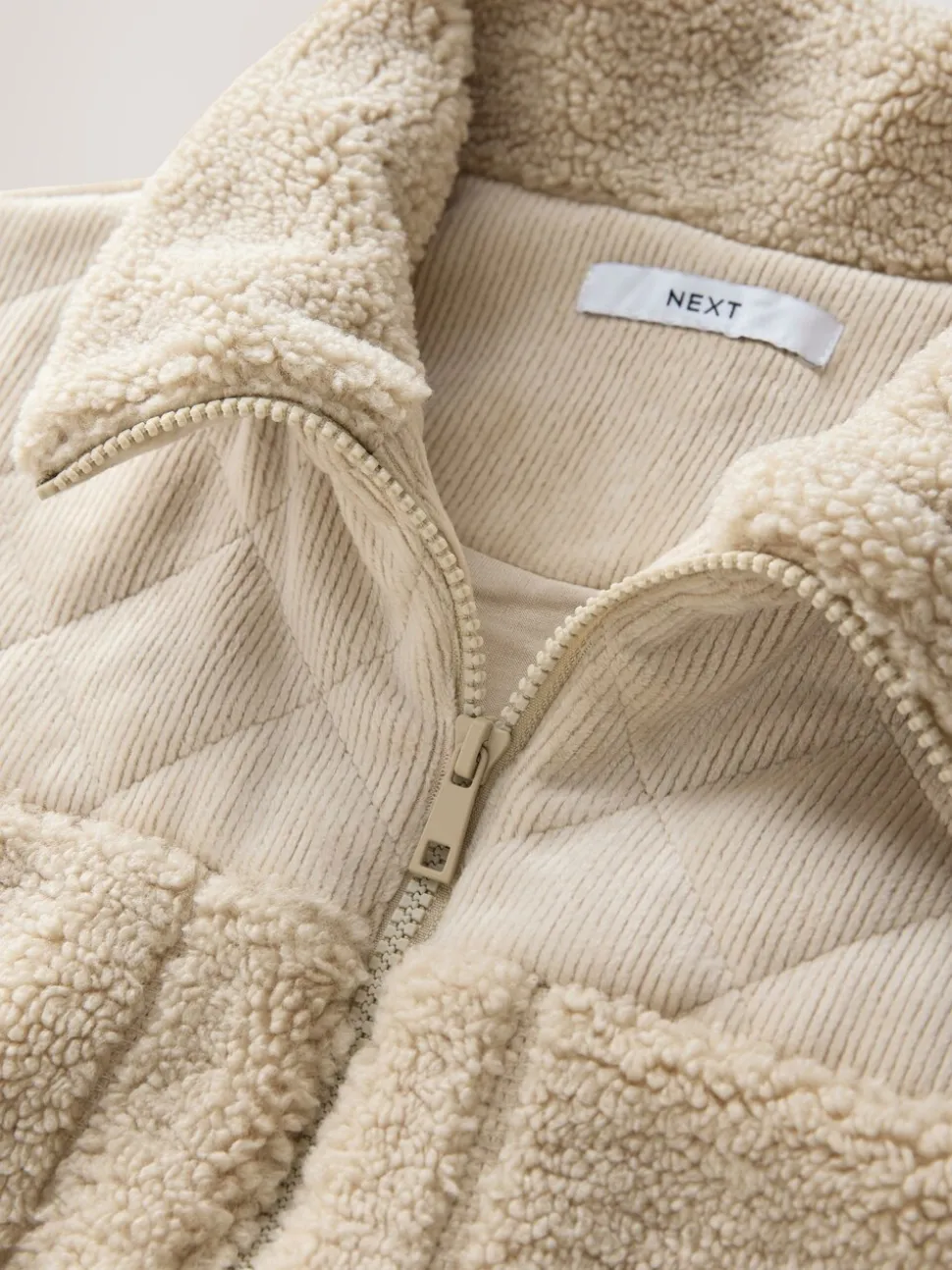 Ecru - Cord Borg Mix Zip Through Gilet
