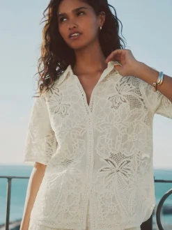 Ecru - Crochet Short Sleeve Shirt