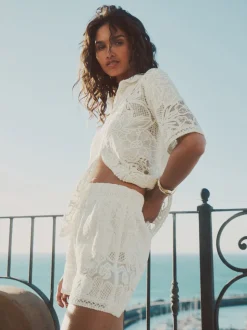 Ecru - Crochet Tie Waist Shorts