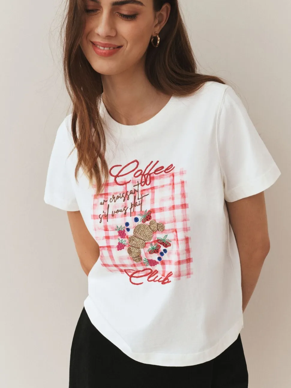 Ecru - Embellished Coffee Club Graphic Short Sleeve Top
