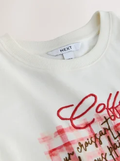 Ecru - Embellished Coffee Club Graphic Short Sleeve Top