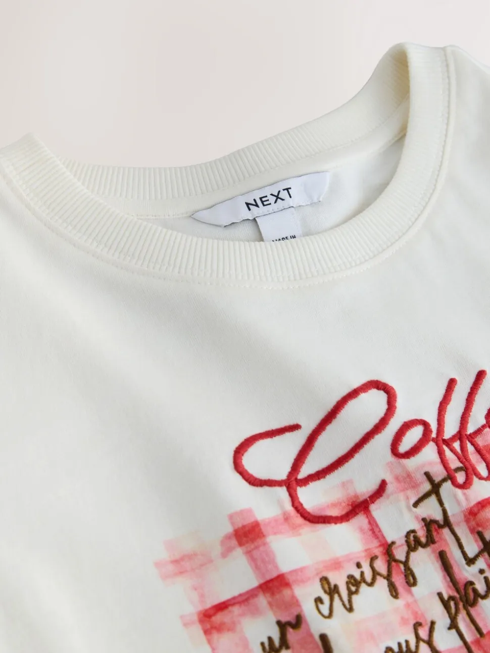 Ecru - Embellished Coffee Club Graphic Short Sleeve Top