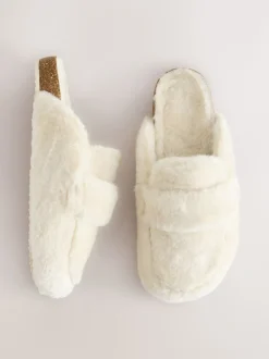 Ecru - Faux Fur Heart Footbed Slippers