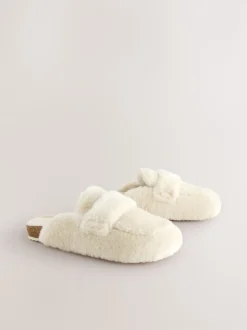 Ecru - Faux Fur Heart Footbed Slippers