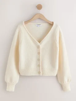 Ecru - Heart Button Cardigan With Wool
