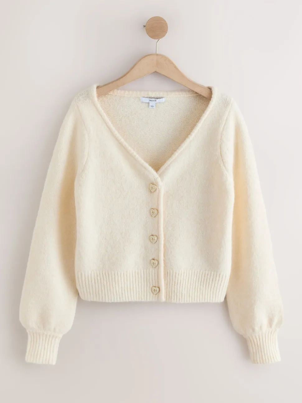 Ecru - Heart Button Cardigan With Wool