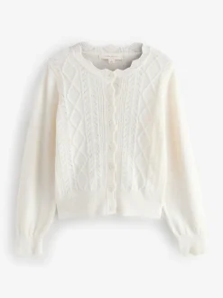 Ecru - Laura Ashley Pointelle Button Through Scallop Cardigan With A Touch Of Wool