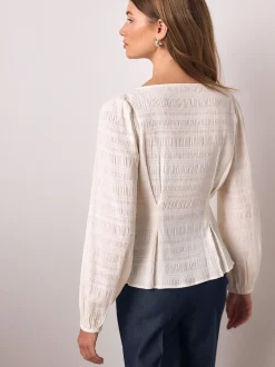 Ecru - Long Sleeve Boatneck Textured Button-Front Blouse