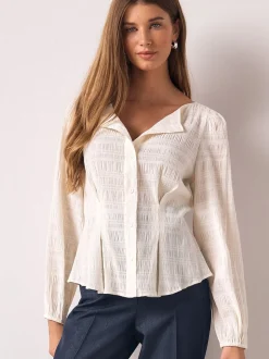 Ecru - Long Sleeve Boatneck Textured Button-Front Blouse