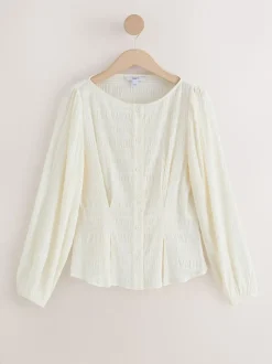 Ecru - Long Sleeve Boatneck Textured Button-Front Blouse