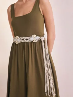 Ecru - Macramé riem met kralen