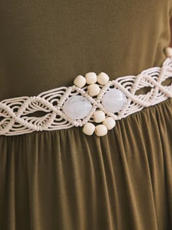 Ecru - Macramé riem met kralen