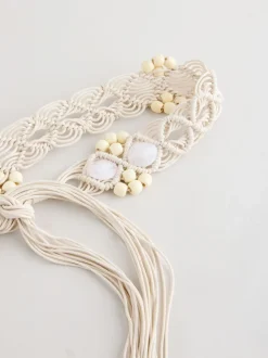 Ecru - Macramé riem met kralen