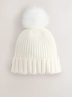 Ecru - Rib Knit Pom Hat