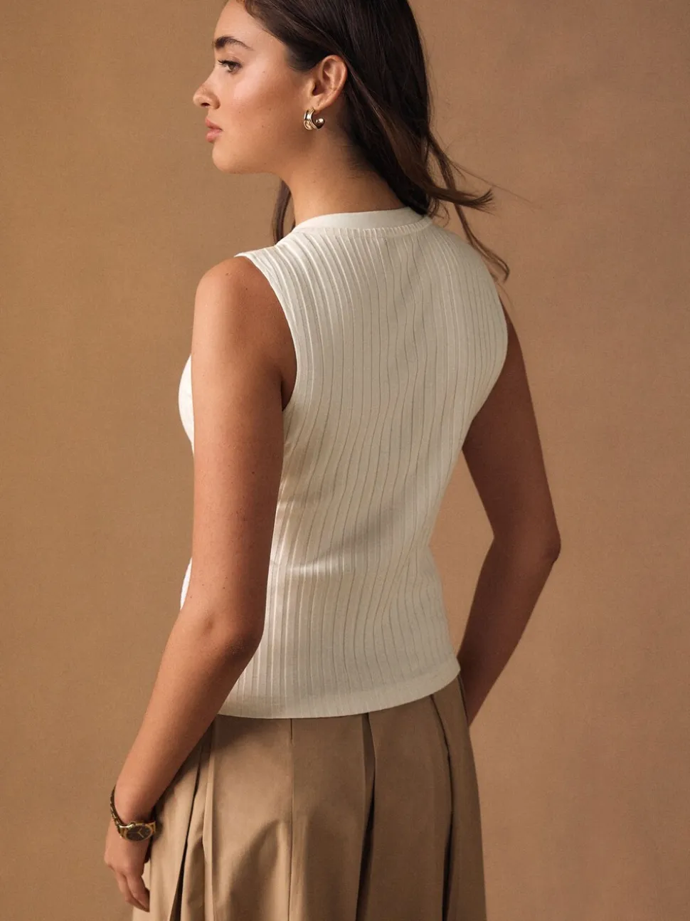 Ecru - Ribbed Button Through Sleeveless Top