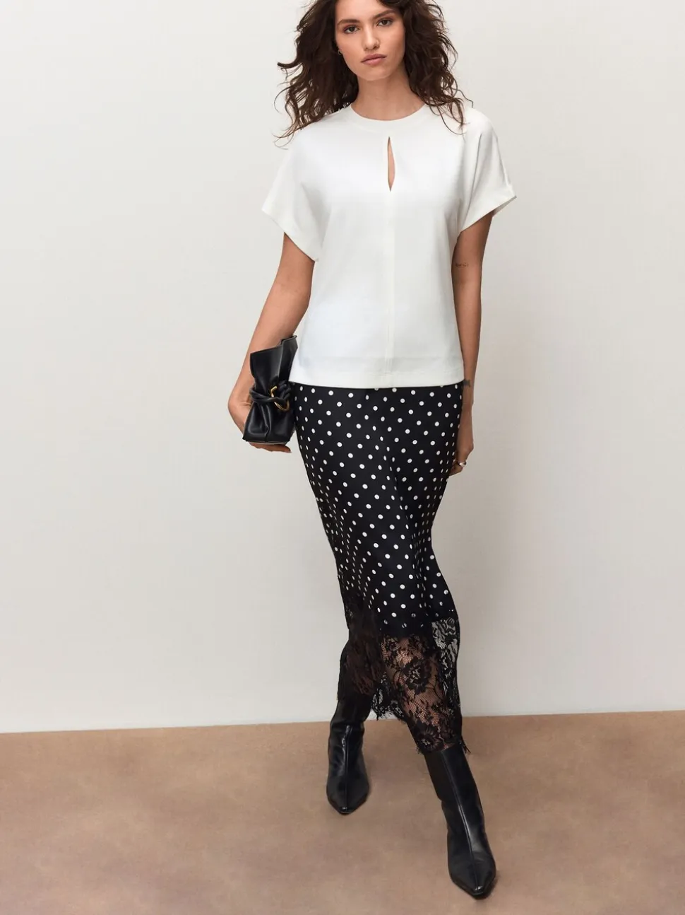 Ecru - Short Sleeve Keyhole Crew Neck Top