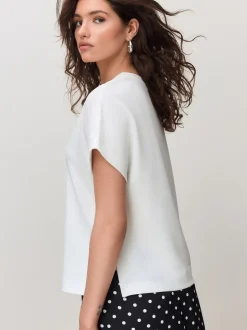 Ecru - Short Sleeve Keyhole Crew Neck Top