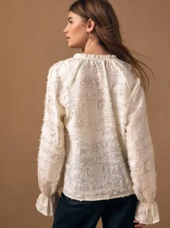 Ecru - Tufty Jacquard Long Sleeve Blouse