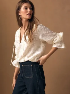Ecru - Tufty Jacquard Long Sleeve Blouse