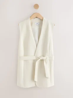 Ecru - V-Neck Sleeveless Tie Belt Top