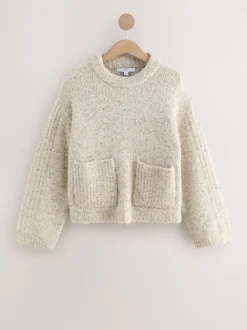 Ecru gemêleerd - Boucle Ronde hals Trui Met Wol